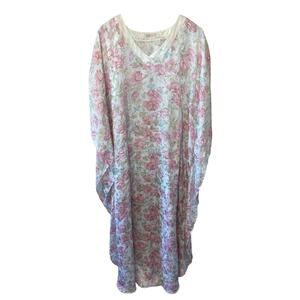 VTG Robinson’s Pink & Blue Floral Silky V Neck Long MuMu Grandma Nightgown Large